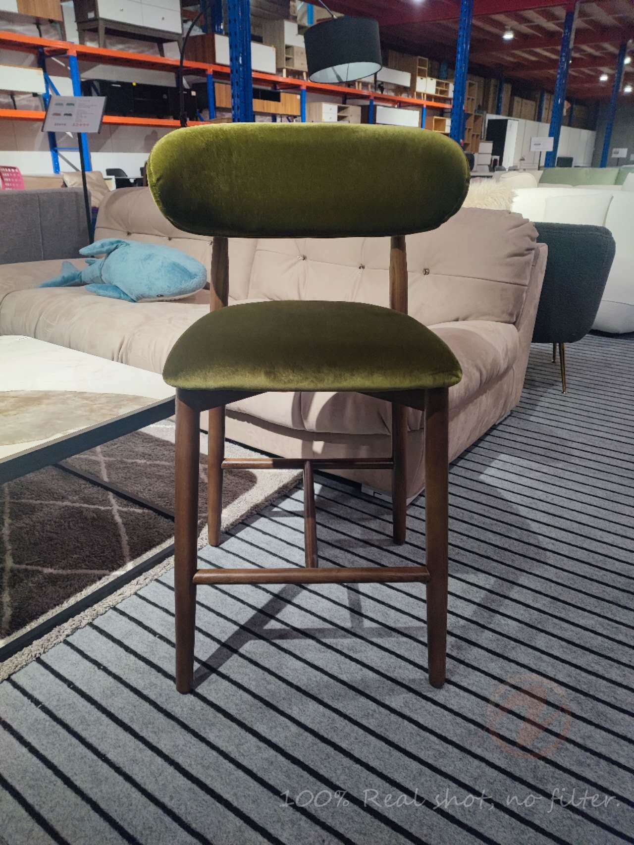 Product Name: CALLIOPE Bar Stool in Walnut-Stained Solid Ash Wood with Olive Green Velvet – Model 4068-BAR