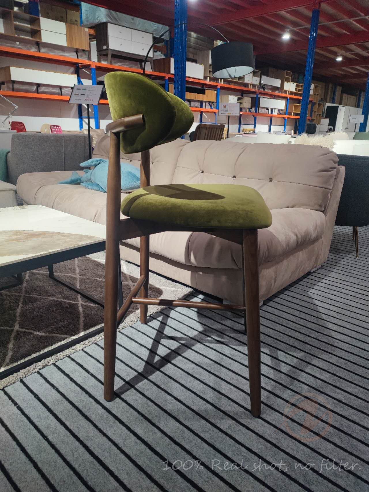 Product Name: CALLIOPE Bar Stool in Walnut-Stained Solid Ash Wood with Olive Green Velvet – Model 4068-BAR