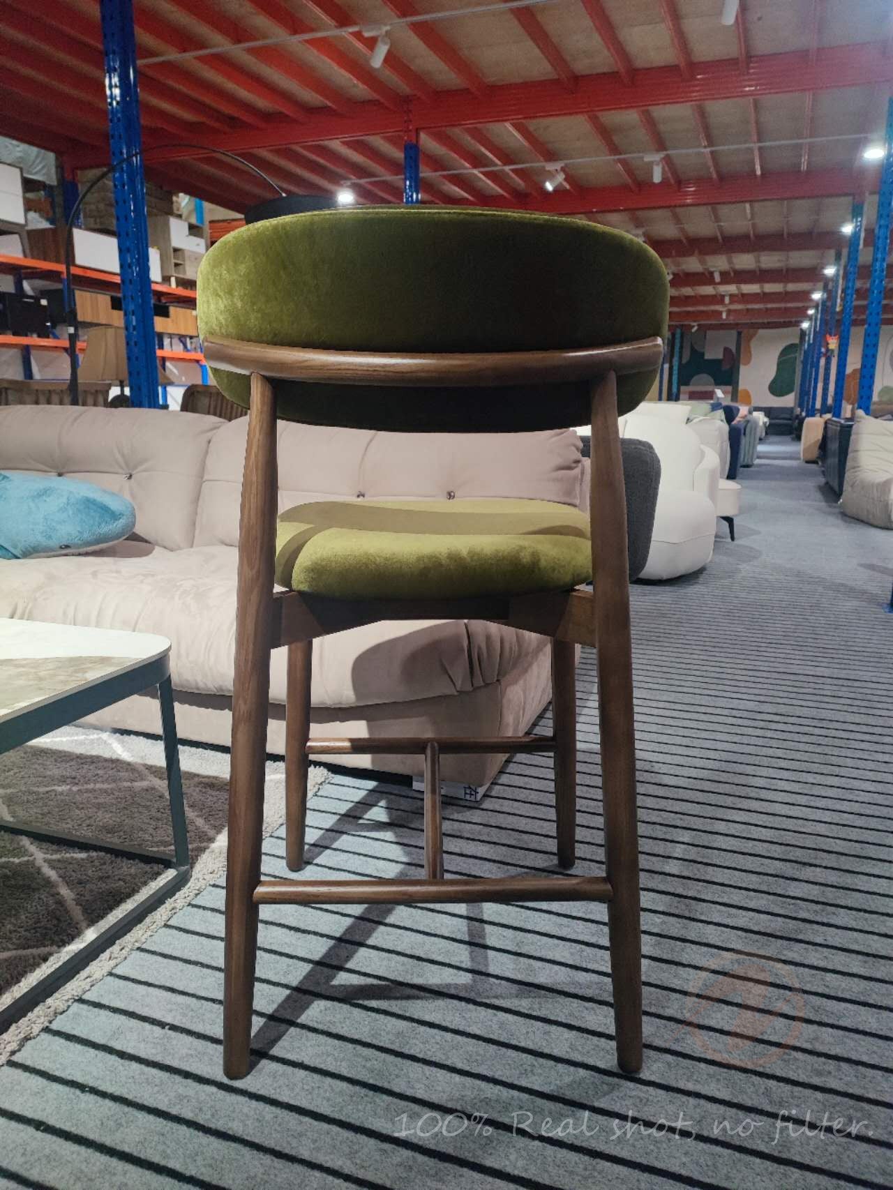 Product Name: CALLIOPE Bar Stool in Walnut-Stained Solid Ash Wood with Olive Green Velvet – Model 4068-BAR