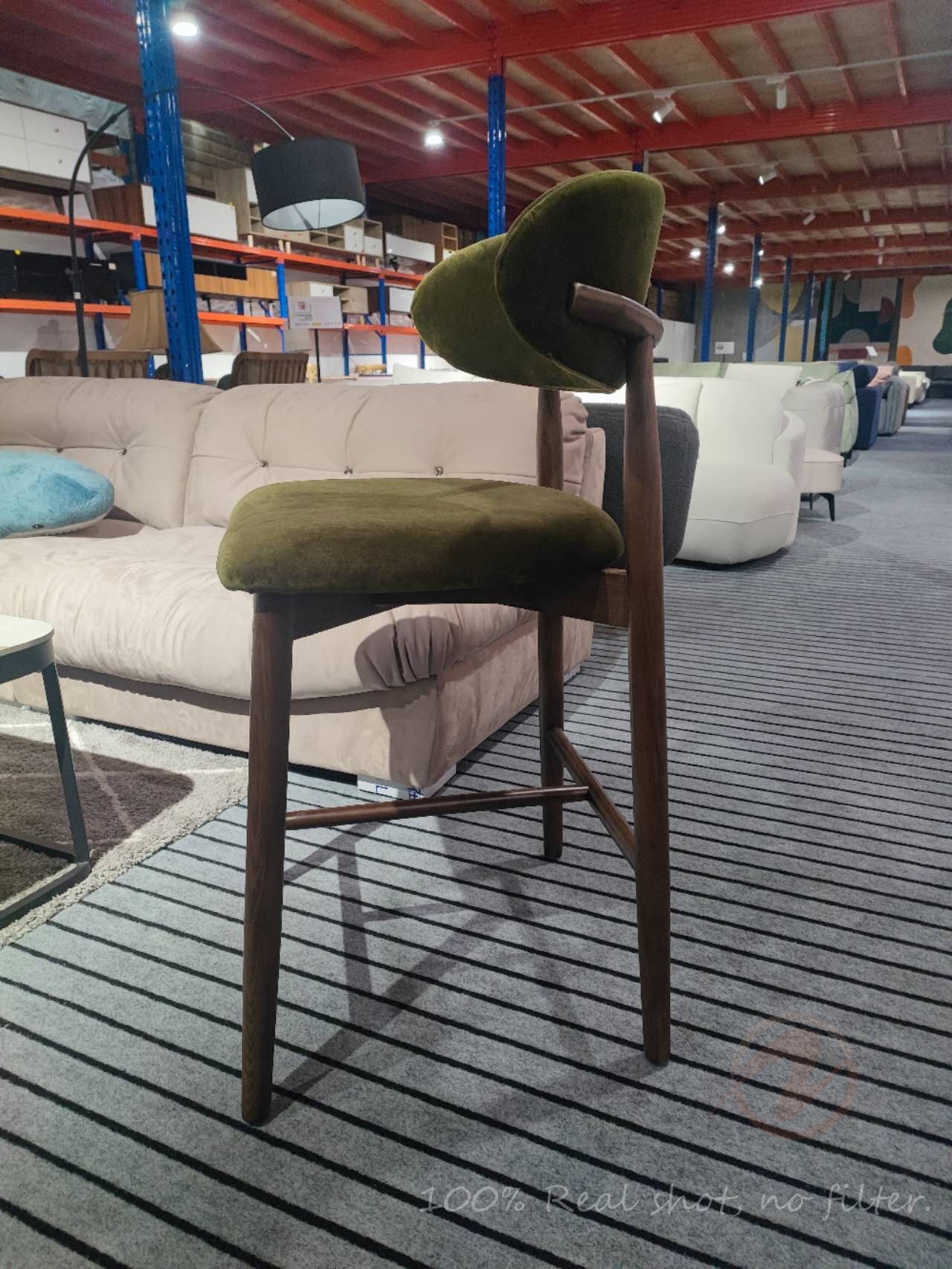 Product Name: CALLIOPE Bar Stool in Walnut-Stained Solid Ash Wood with Olive Green Velvet – Model 4068-BAR