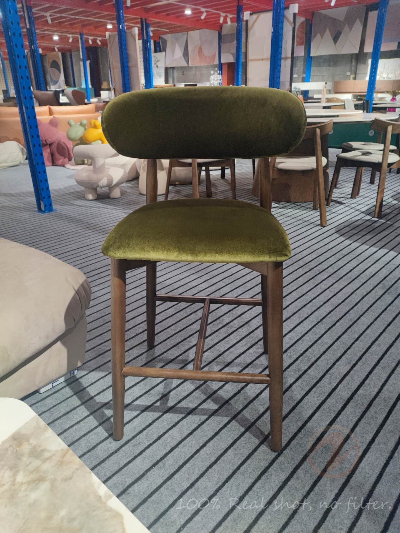 Product Name: CALLIOPE Bar Stool in Walnut-Stained Solid Ash Wood with Olive Green Velvet – Model 4068-BAR