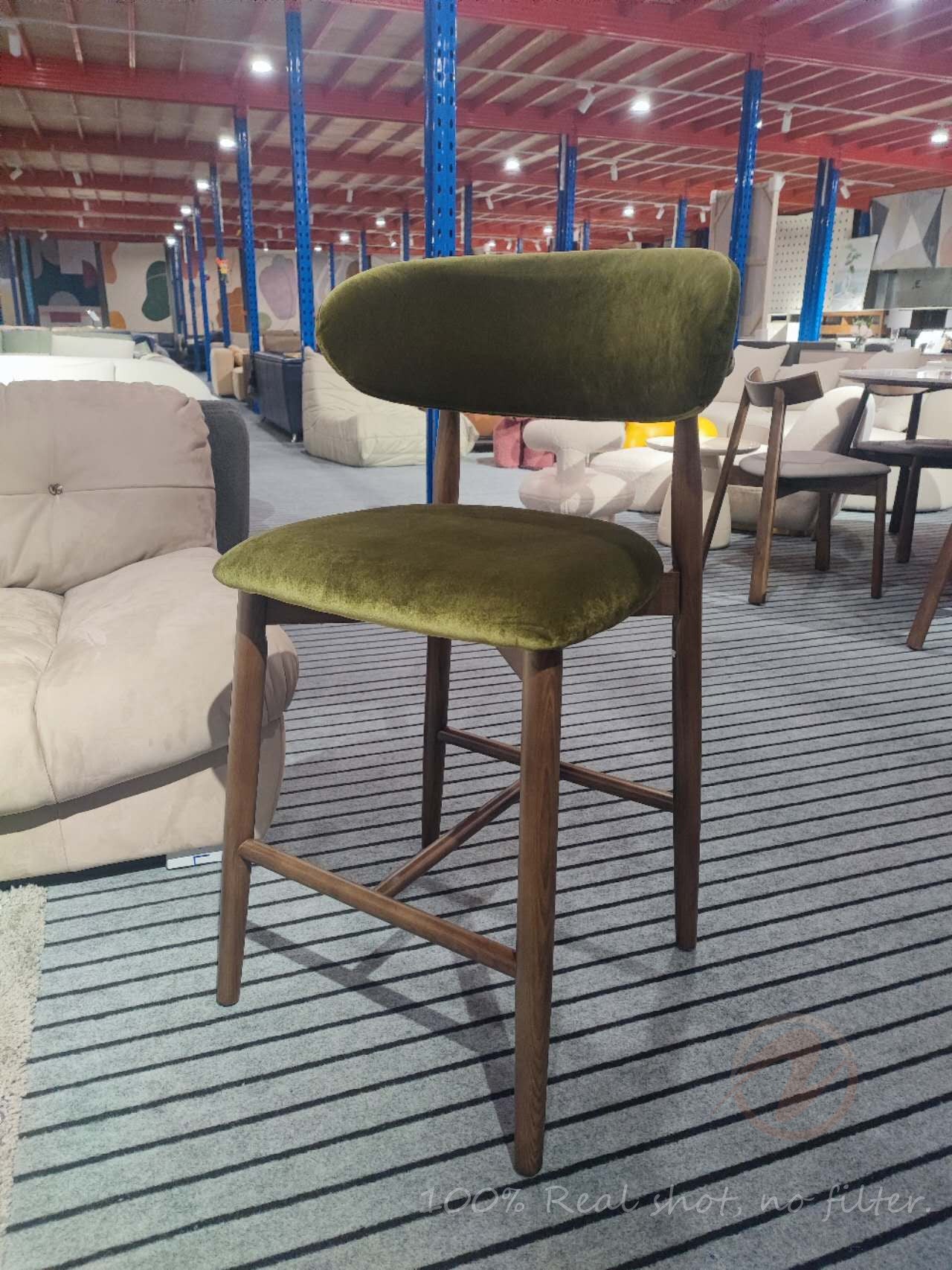 Product Name: CALLIOPE Bar Stool in Walnut-Stained Solid Ash Wood with Olive Green Velvet – Model 4068-BAR