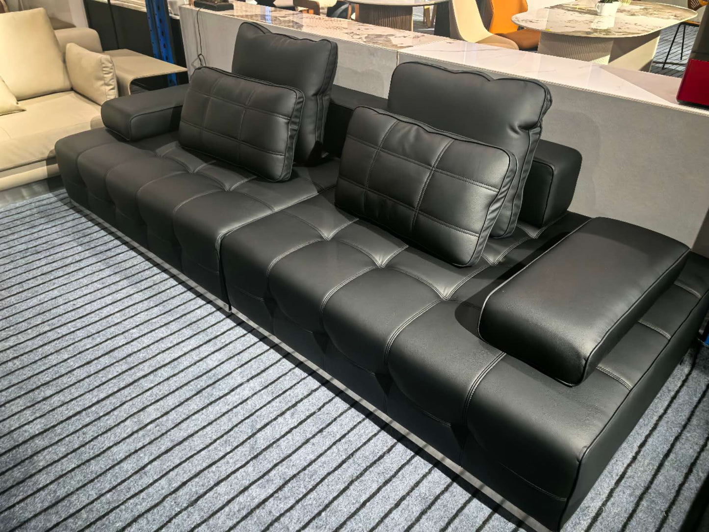 LAURENCE Premium Black Leather Sofa with Oversized Cushions – 280cm | 1044
