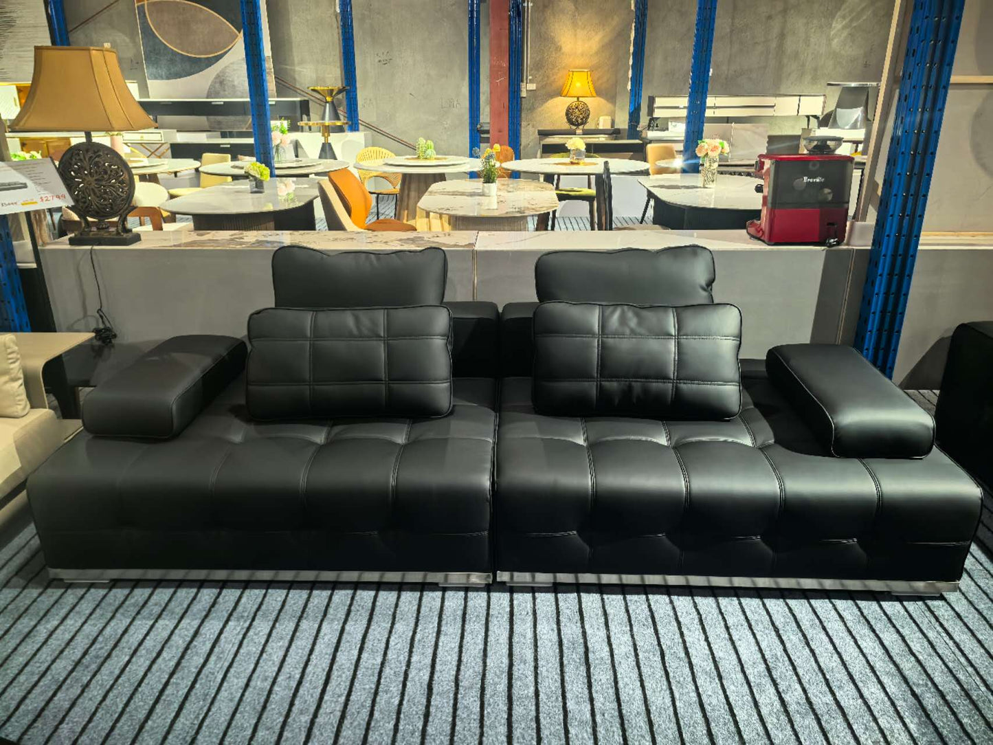 LAURENCE Premium Black Leather Sofa with Oversized Cushions – 280cm | 1044
