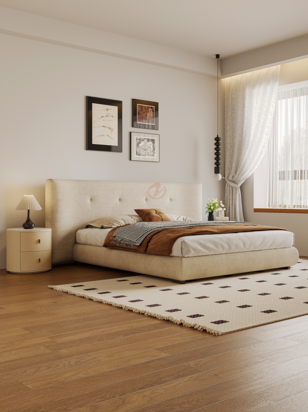 CÉLINA French Modern Upholstered Wide-Panel Bed Frame | Queen & King | 0062