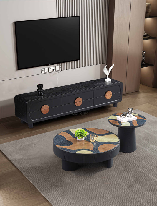 TRIOGRAIN Three-Tone Solid Wood Inlay Round Coffee Table & Side Table Set – 5070