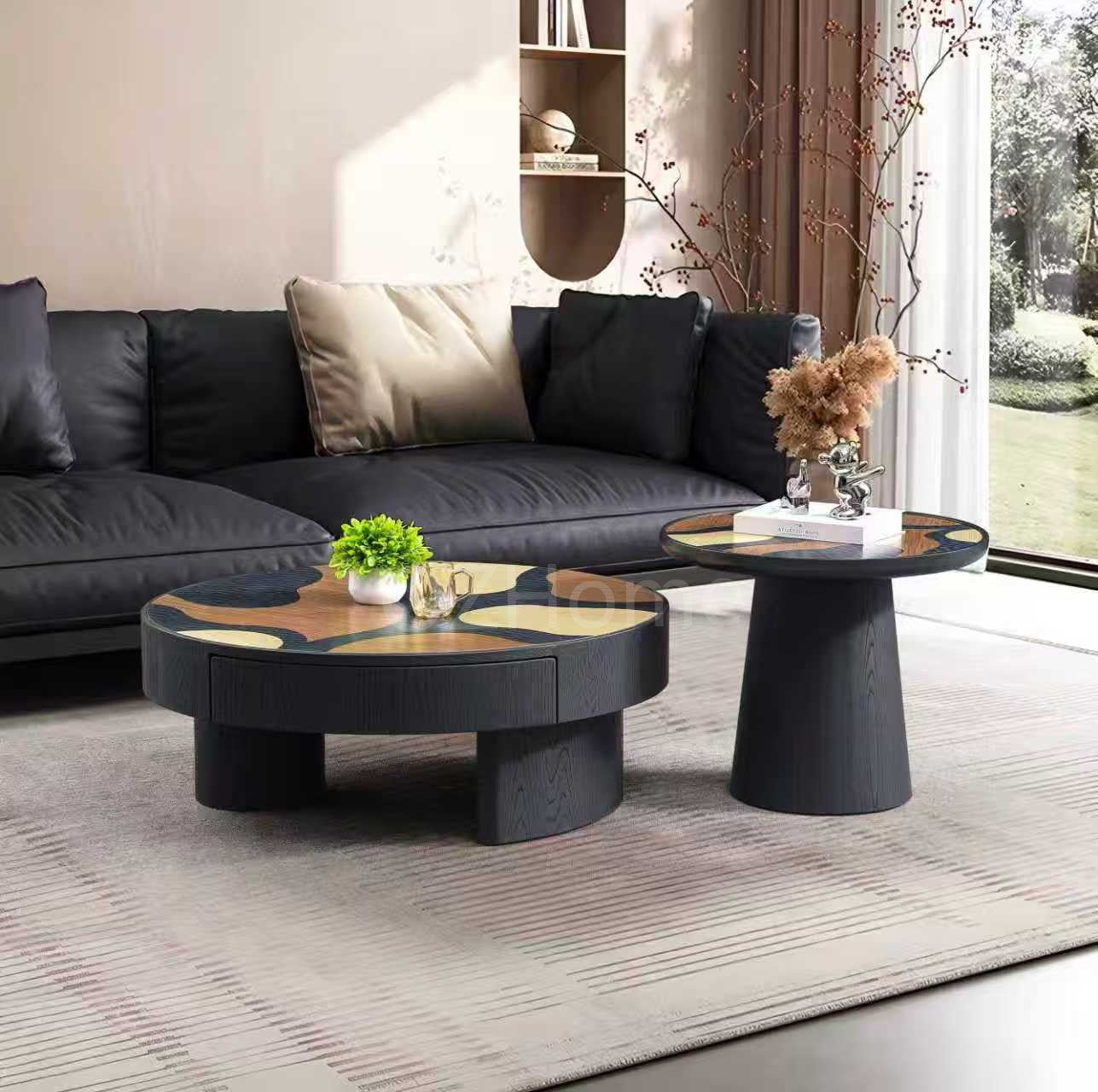 TRIOGRAIN Three-Tone Solid Wood Inlay Round Coffee Table & Side Table Set – 5070