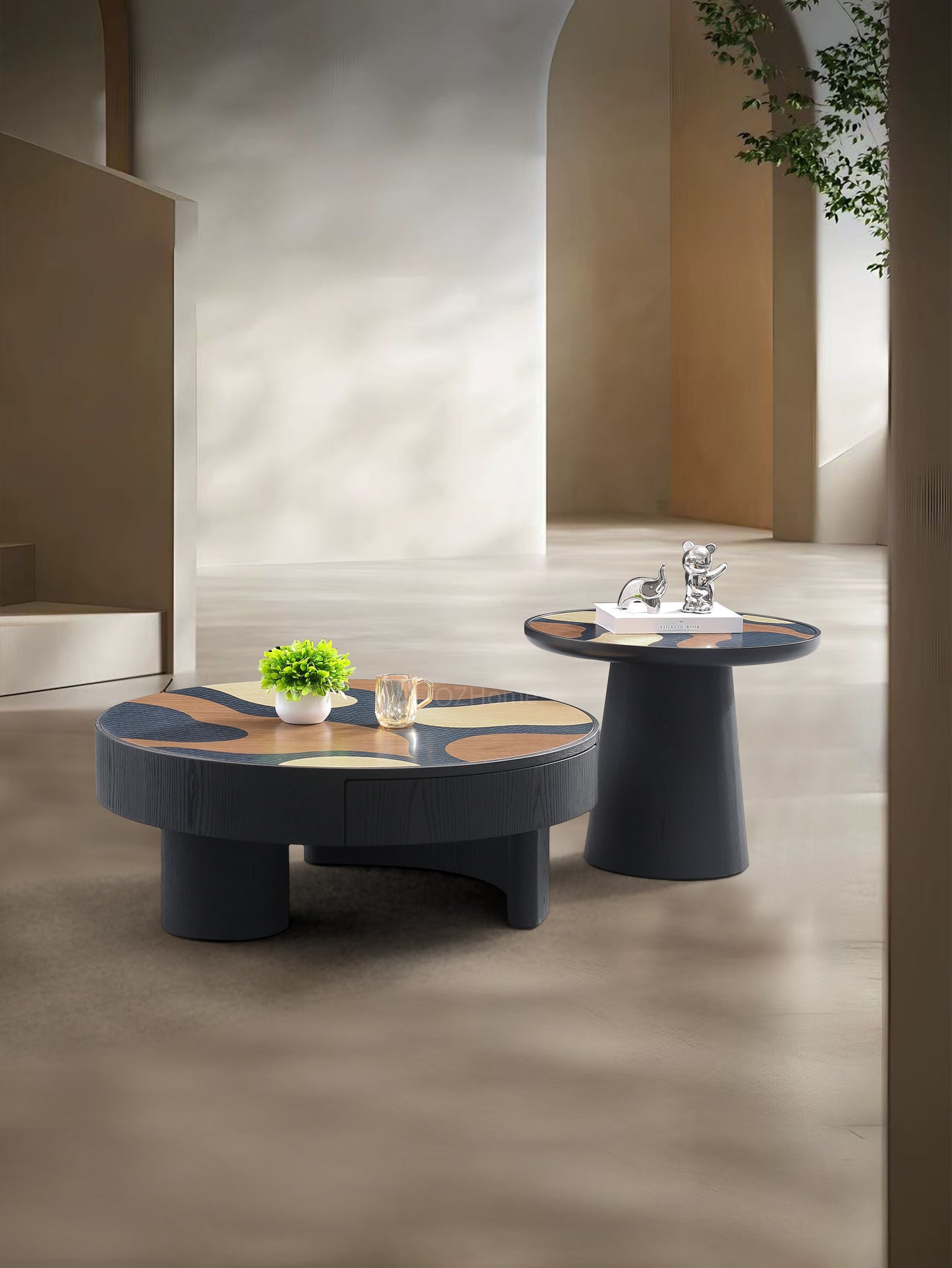 TRIOGRAIN Three-Tone Solid Wood Inlay Round Coffee Table & Side Table Set – 5070