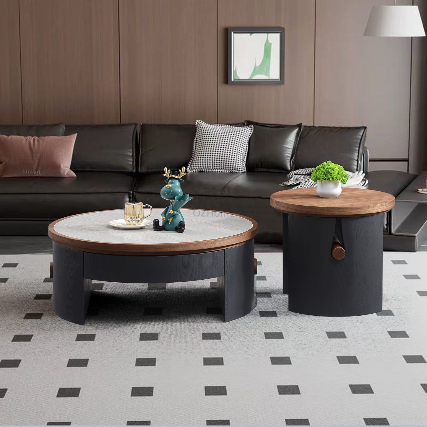 ARLO Designer Solid Wood & Tufa Stone Double Round Coffee Table Set – 5069