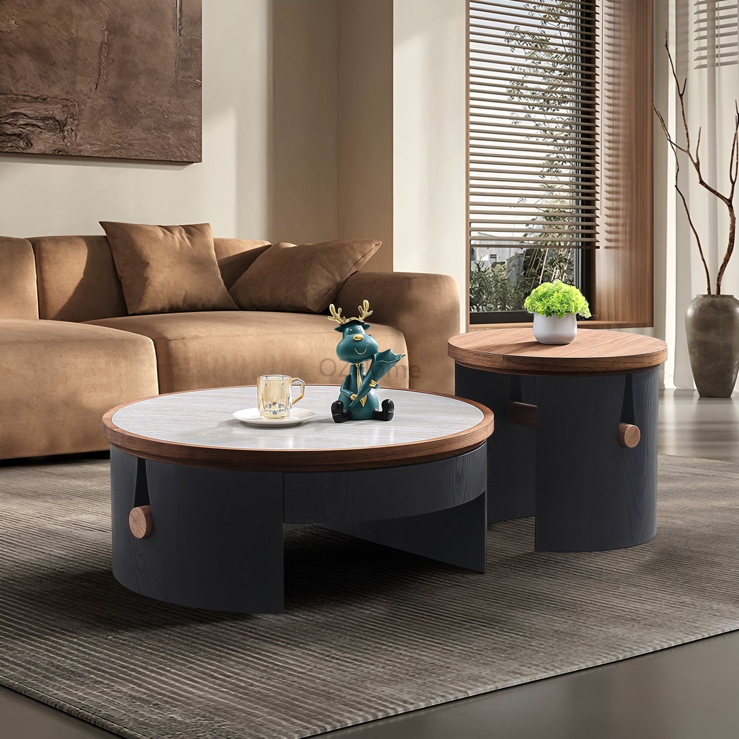 ARLO Designer Solid Wood & Tufa Stone Double Round Coffee Table Set – 5069
