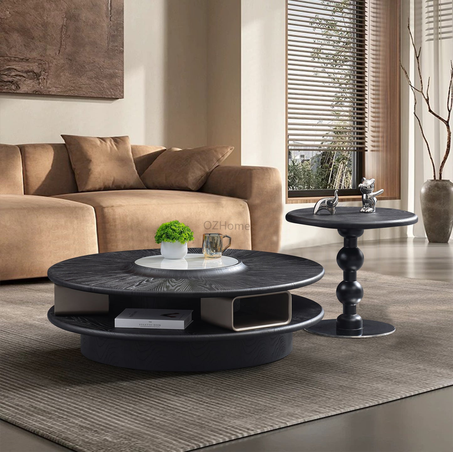 ROWAN Black Double Round Solid Wood & Luxury Stone Coffee Table – 5068
