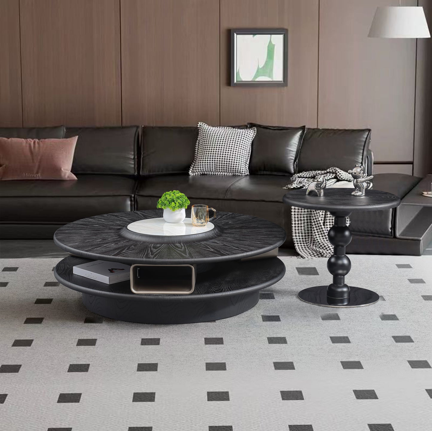 ROWAN Black Double Round Solid Wood & Luxury Stone Coffee Table – 5068