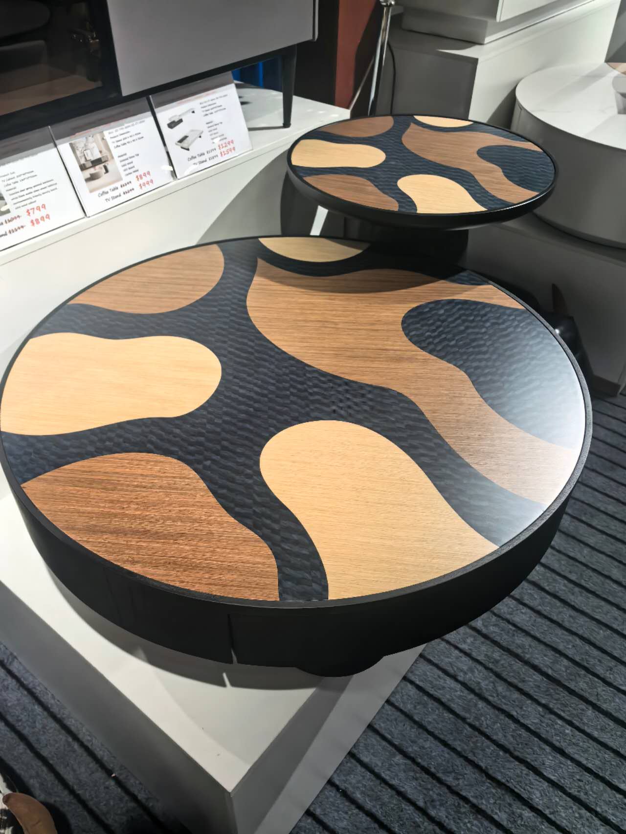 TRIOGRAIN Three-Tone Solid Wood Inlay Round Coffee Table & Side Table Set – 5070