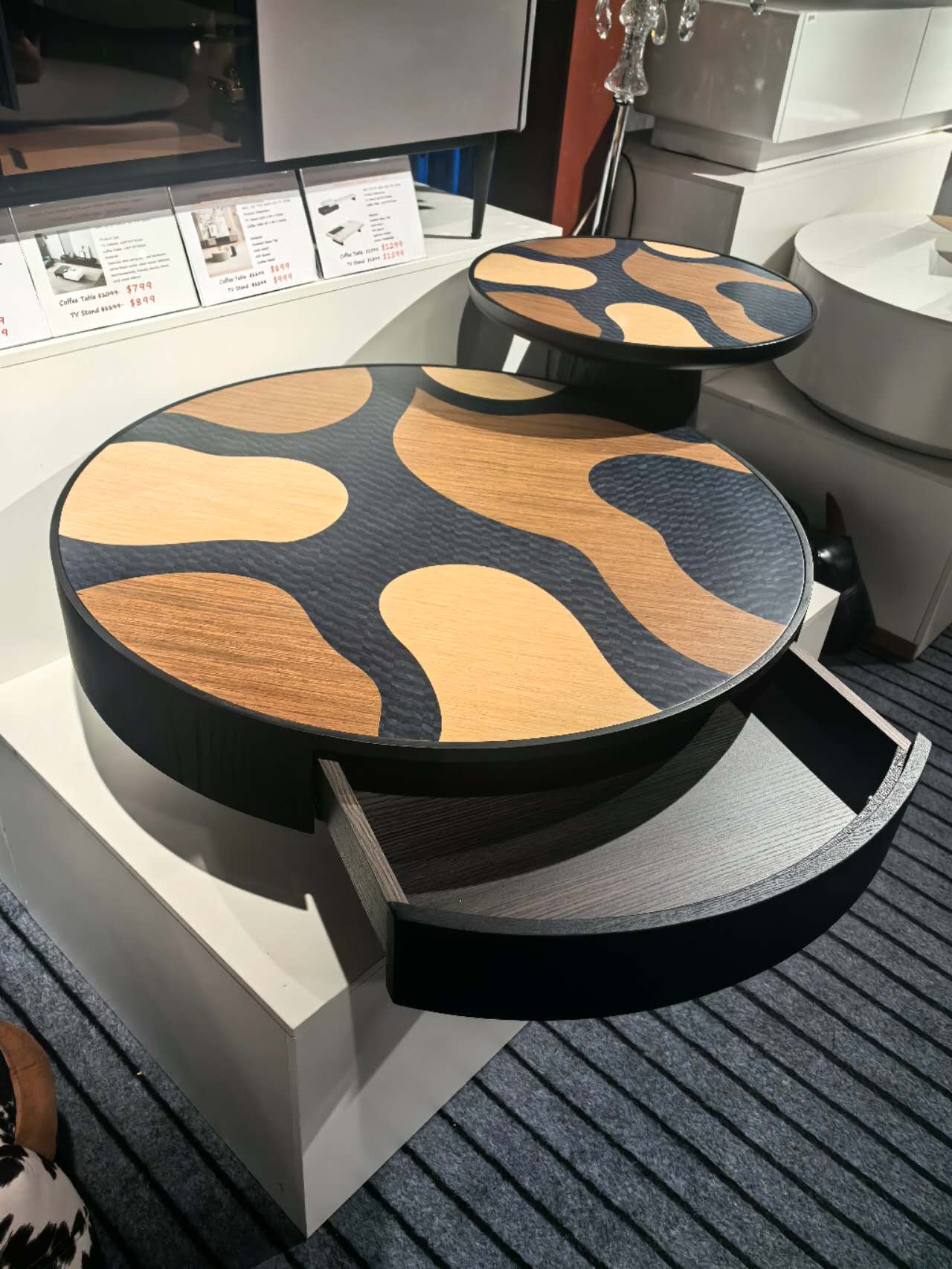 TRIOGRAIN Three-Tone Solid Wood Inlay Round Coffee Table & Side Table Set – 5070