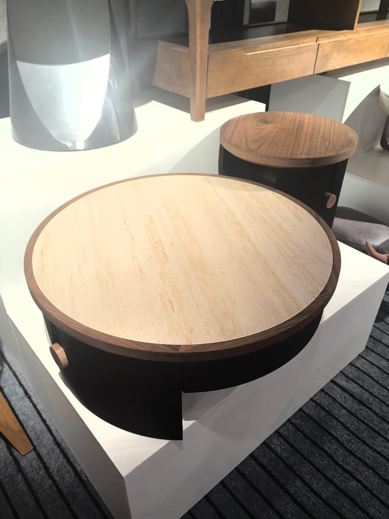 ARLO Designer Solid Wood & Tufa Stone Double Round Coffee Table Set – 5069