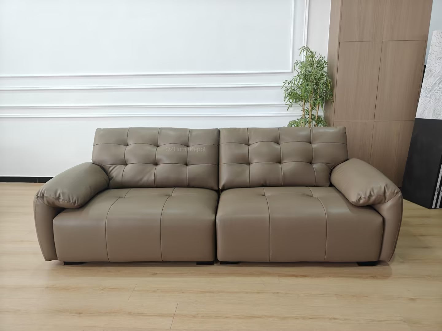 SNOW FLUFF Brown Genuine Leather 3-Seater Sofa 260cm | Modern French Tufted Long Sofa | Premium Leather Couch Australia