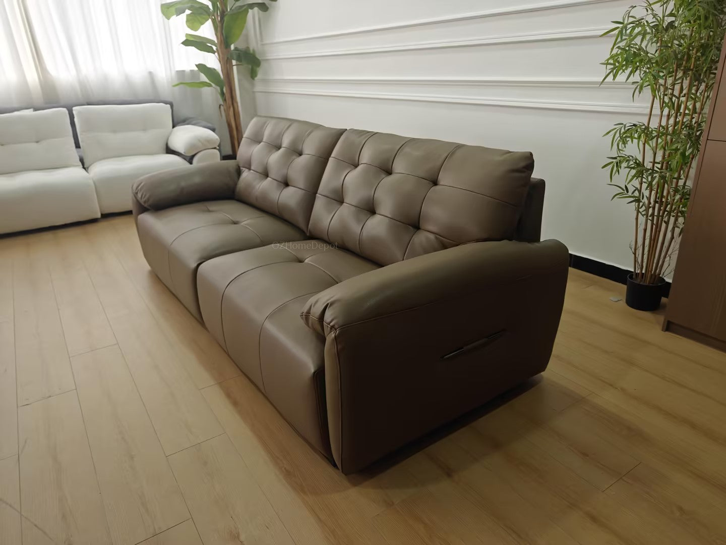 SNOW FLUFF Brown Genuine Leather 3-Seater Sofa 260cm | Modern French Tufted Long Sofa | Premium Leather Couch Australia