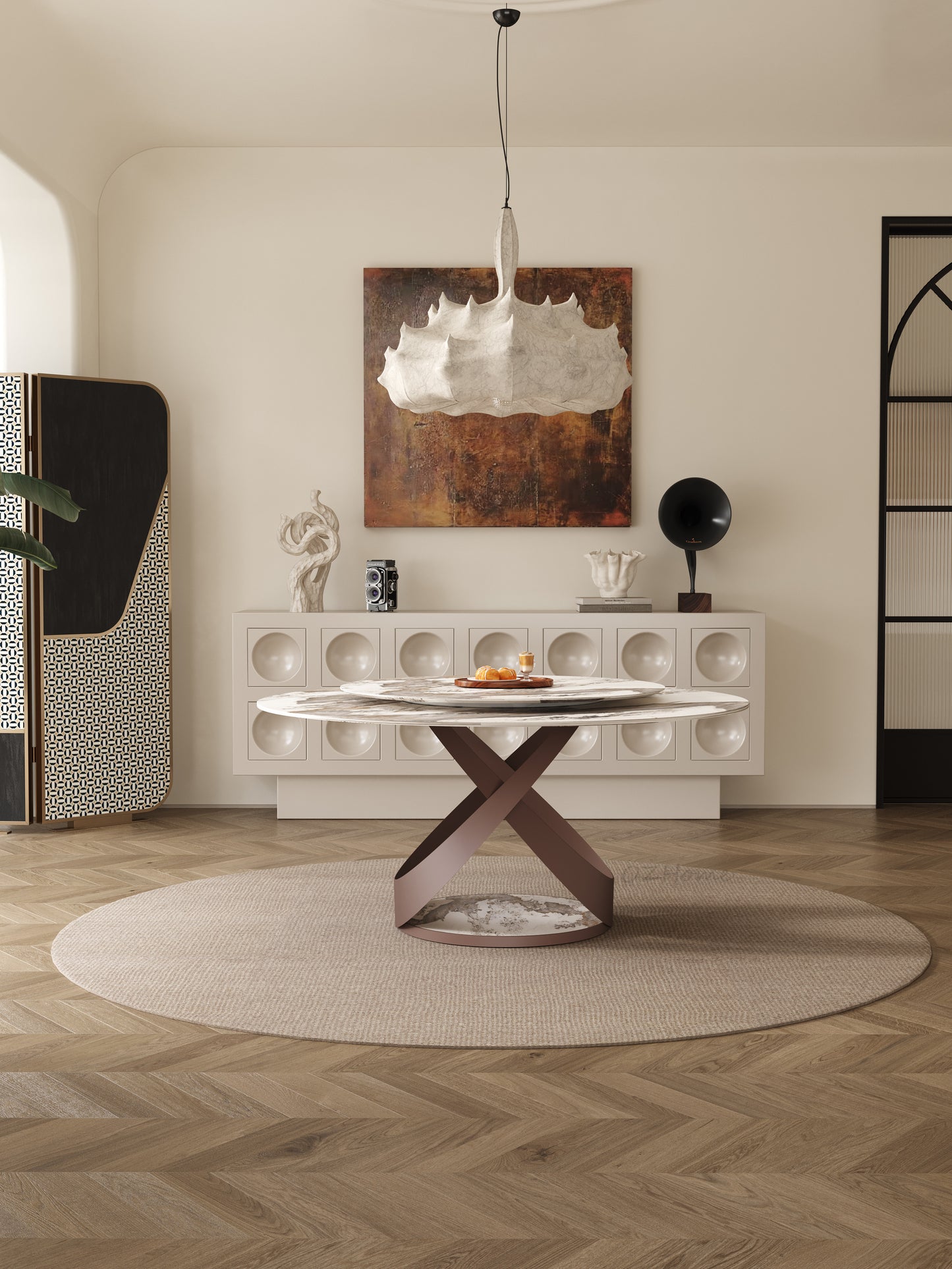 LUSSO High-Gloss Pandora Sintered Stone Round Dining Table with Designer Base | 9064