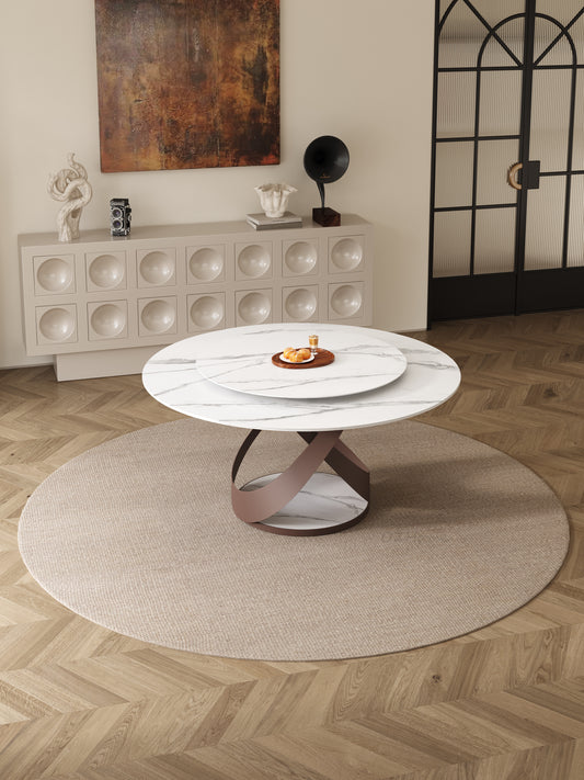 LUSSO High-Gloss White Marble-Pattern Sintered Stone Round Dining Table with Cylindrical Base | 9064
