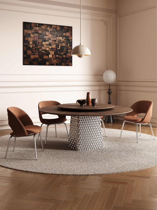 FERGUS Walnut Color Timber Round Dining Table | Dining Chair | Dining  Set | Steel Mirror Stand