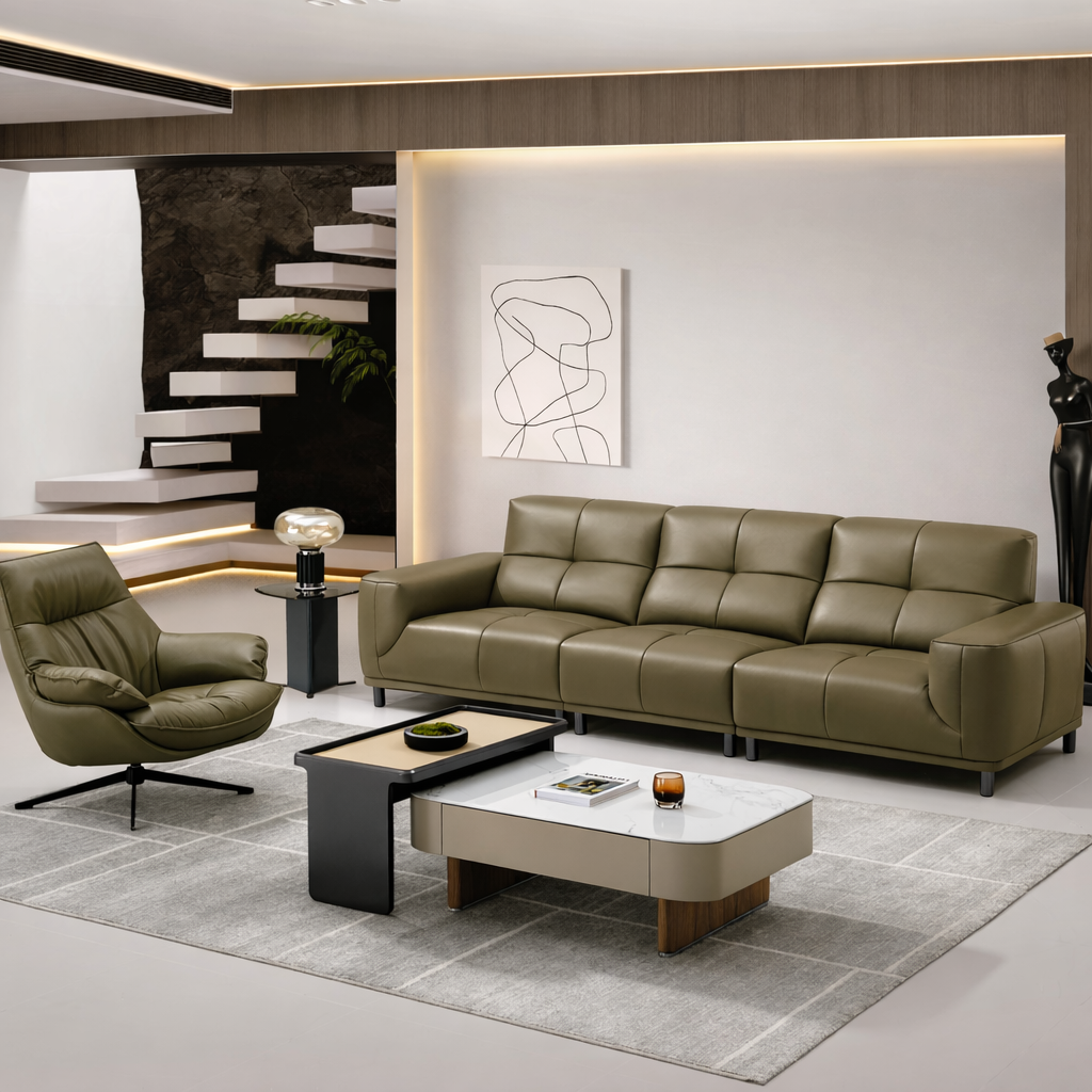 【SALE】BELLAGIO Khaki Genuine Leather 3 Seater Sofa 308cm | Luxury Modern Sofa 1103