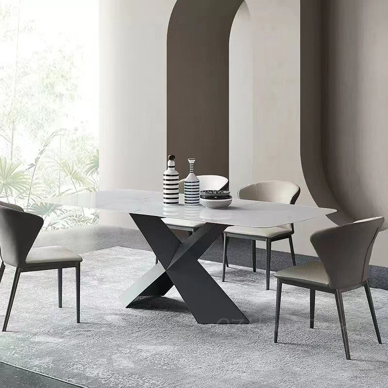THIBAULT Multi-Size High-Gloss Marble-Patterned Sintered Stone Dining Table with Crossed Carbon Steel Base – Modern Luxury, Customizable | 9077