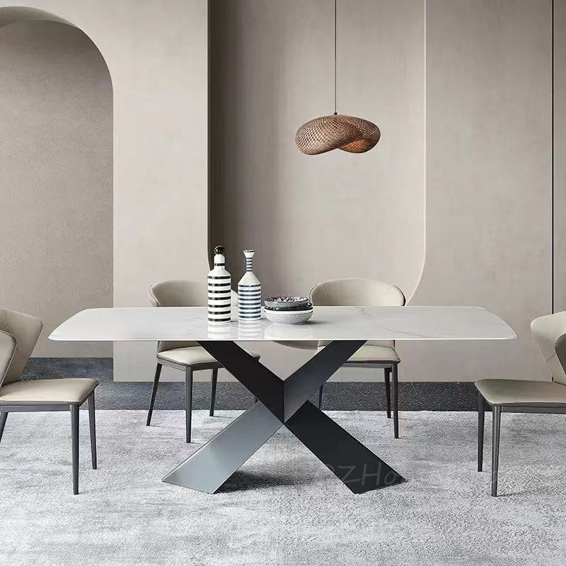 THIBAULT Multi-Size High-Gloss Marble-Patterned Sintered Stone Dining Table with Crossed Carbon Steel Base – Modern Luxury, Customizable | 9077