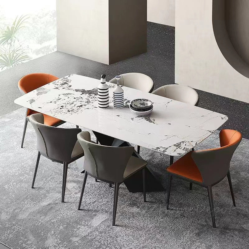 THIBAULT Multi-Size High-Gloss Marble-Patterned Sintered Stone Dining Table with Crossed Carbon Steel Base – Modern Luxury, Customizable | 9077