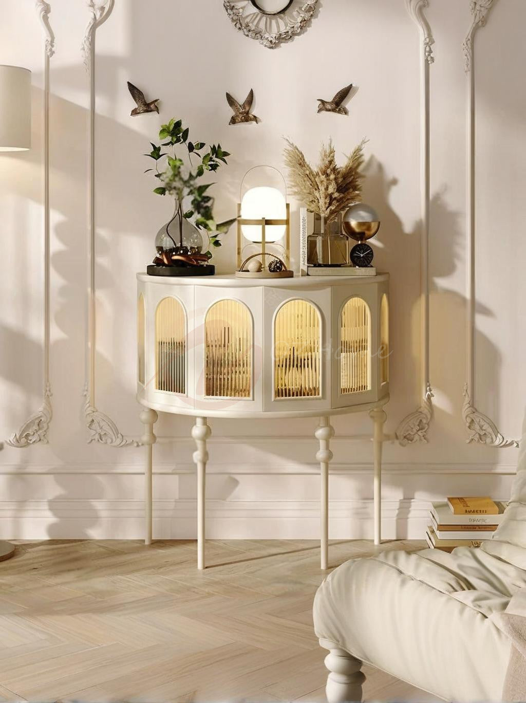 Seraphine Gothic-style Black Cabinet with Ribbed Glass Doors, Storage Sideboard | Semi-circular | buffet 7026