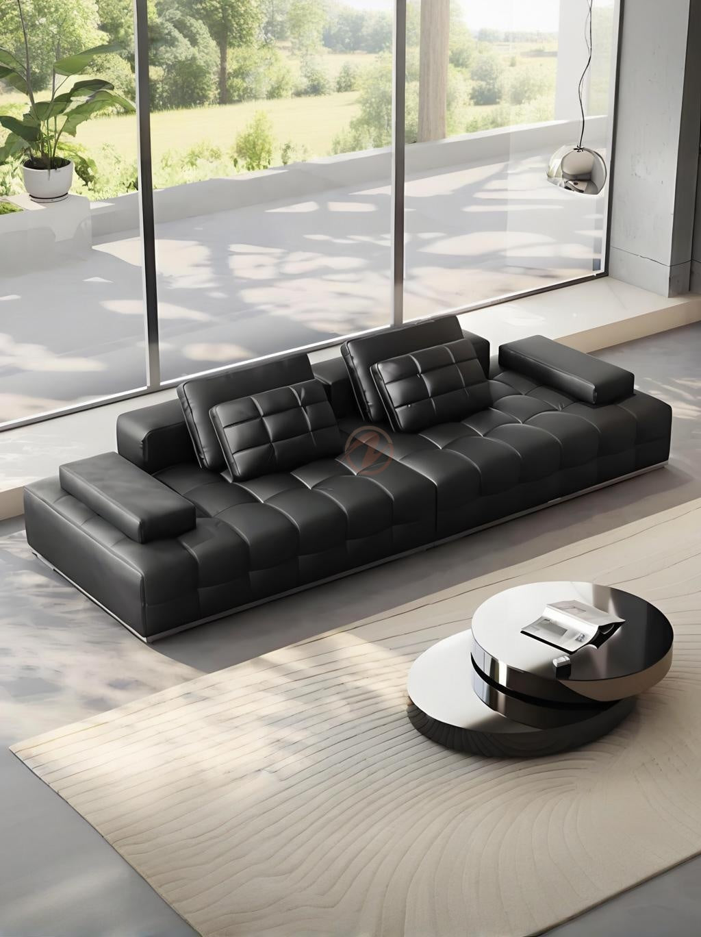 LAURENCE Premium Black Leather Sofa with Oversized Cushions – 280cm | 1044