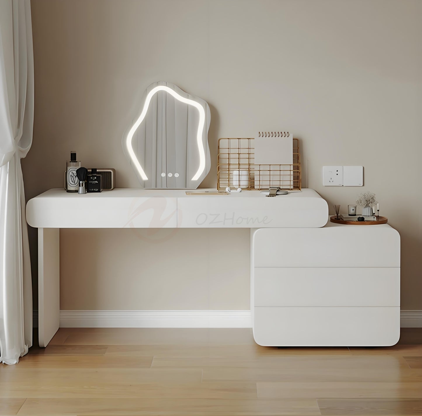 CATERINA Cream Aesthetic Small White Lacquer Vanity Table with Storage Cabinet, Mirror, and Stool | 6026