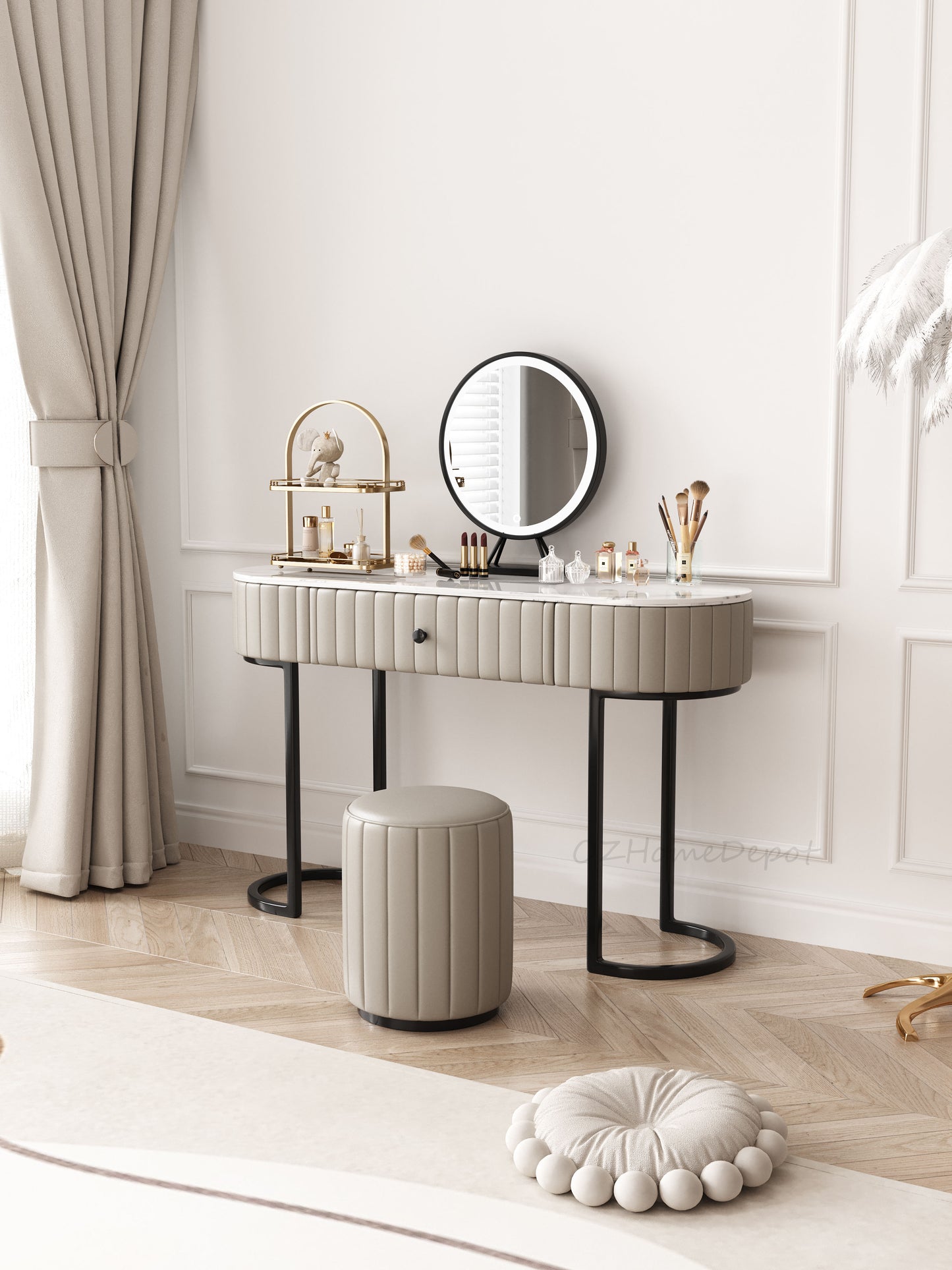 CALLIST Vanity Table With Stool and Mirror Set/Makeup Dressing Table/Grey