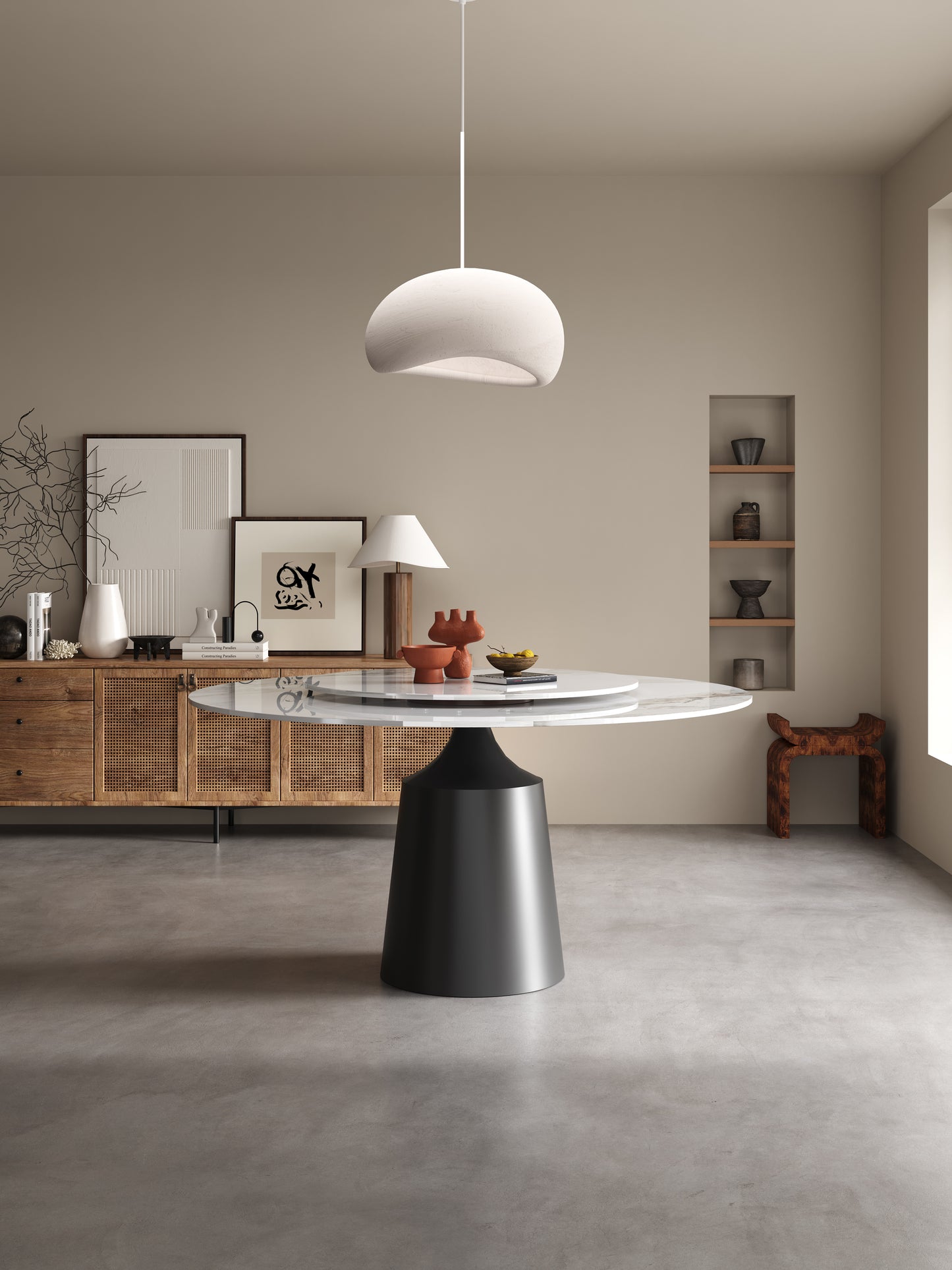 VINASSE High-Gloss Chanel Sintered Stone Round Dining Table | Cylindrical Base | 9046