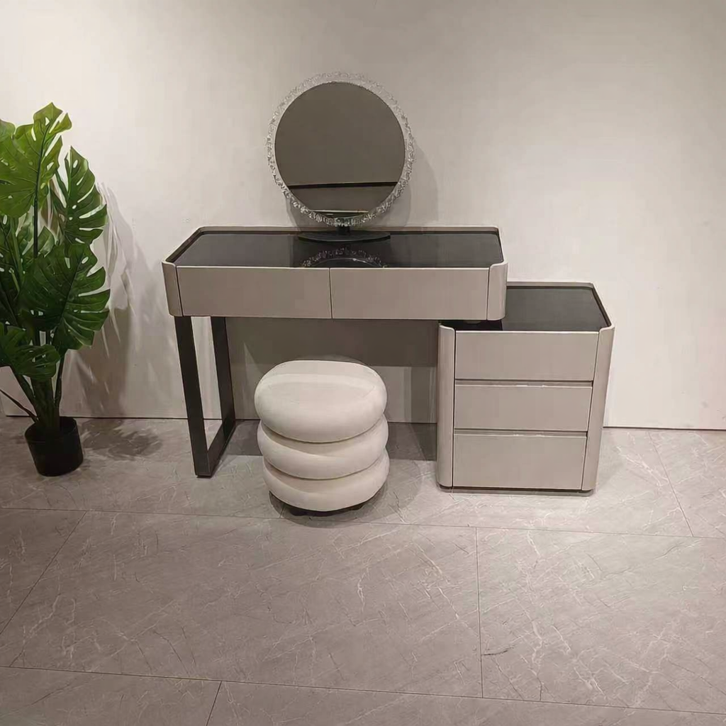 AURELIA Modern Grey Vanity Table Set with Side Cabinet, LED Mirror & Stool | 6065