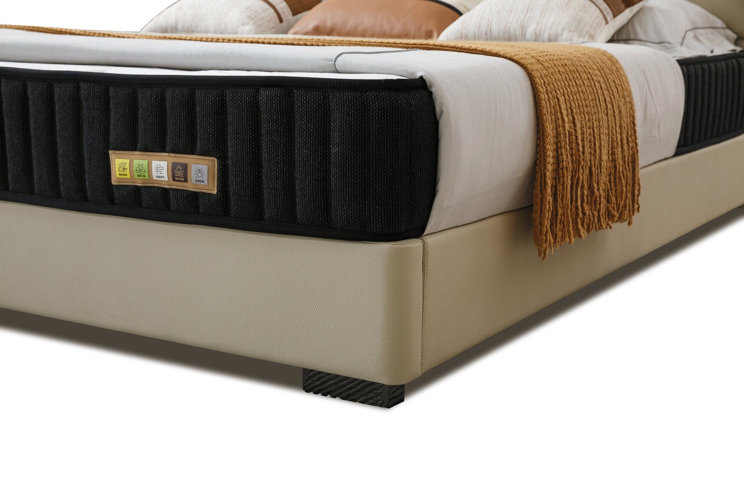 【FREE 2 Bedside Tables】FIORE Genuine Leather Bed Frame with Cushioned Headboard | Integrated Slatted Base | Model 1011