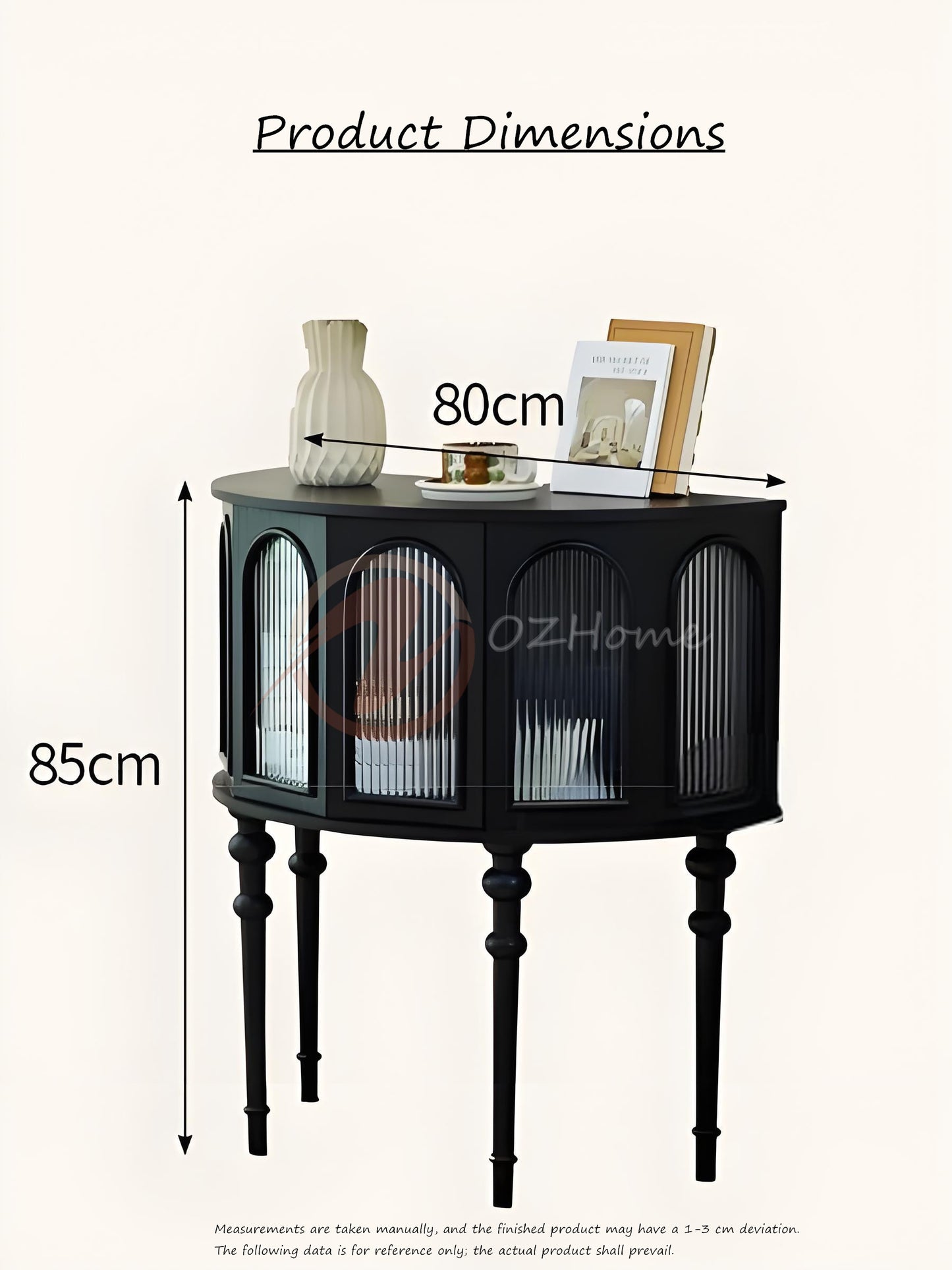 Seraphine Gothic-style Black Cabinet with Ribbed Glass Doors, Storage Sideboard | Semi-circular | buffet 7026