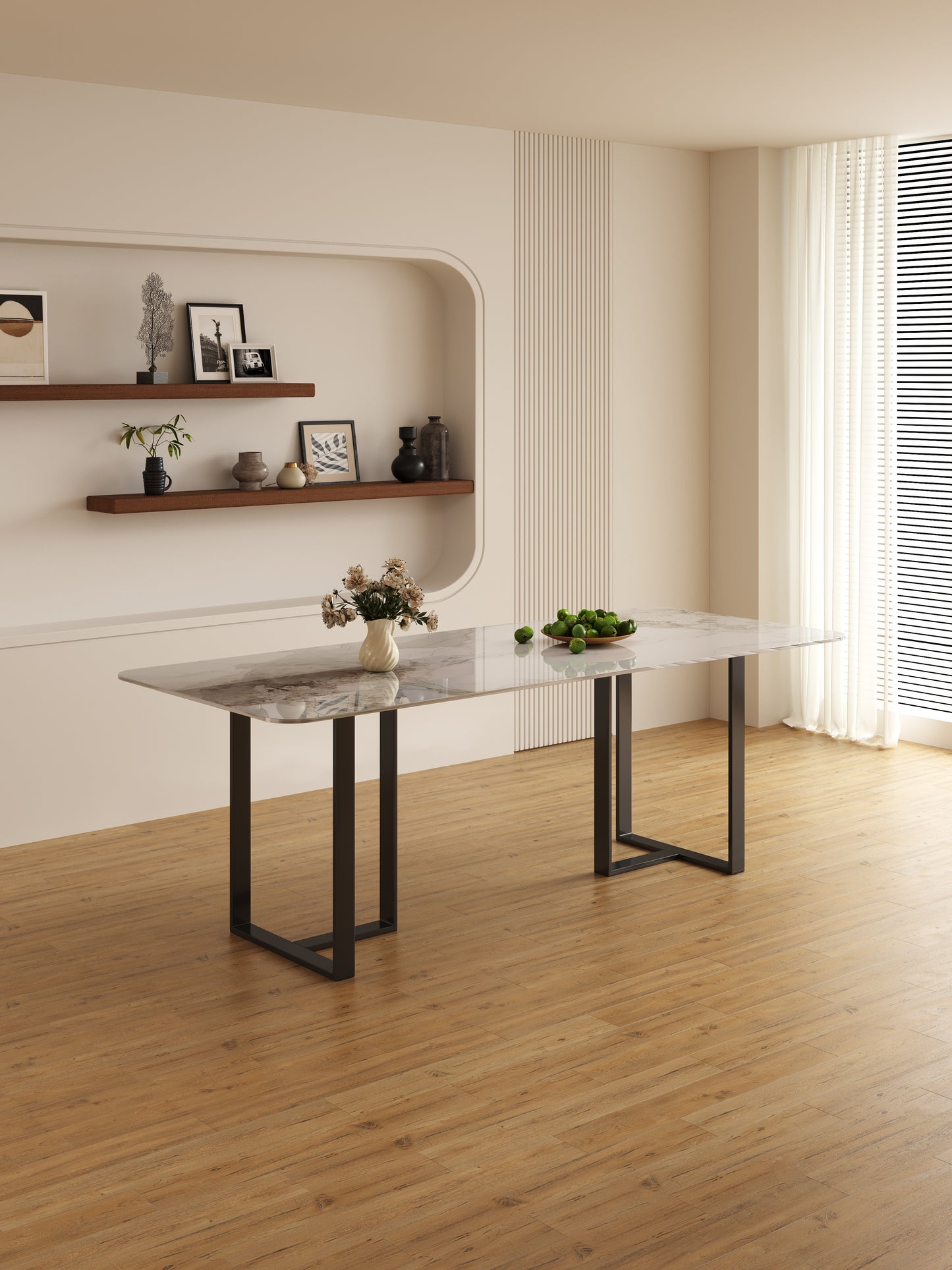 ELOWEN Oversized High-Patterned Sintered Stone Tabletop with Black Base – Rectangular Dining Table | Dining Chairs | Set | 9098-BK
