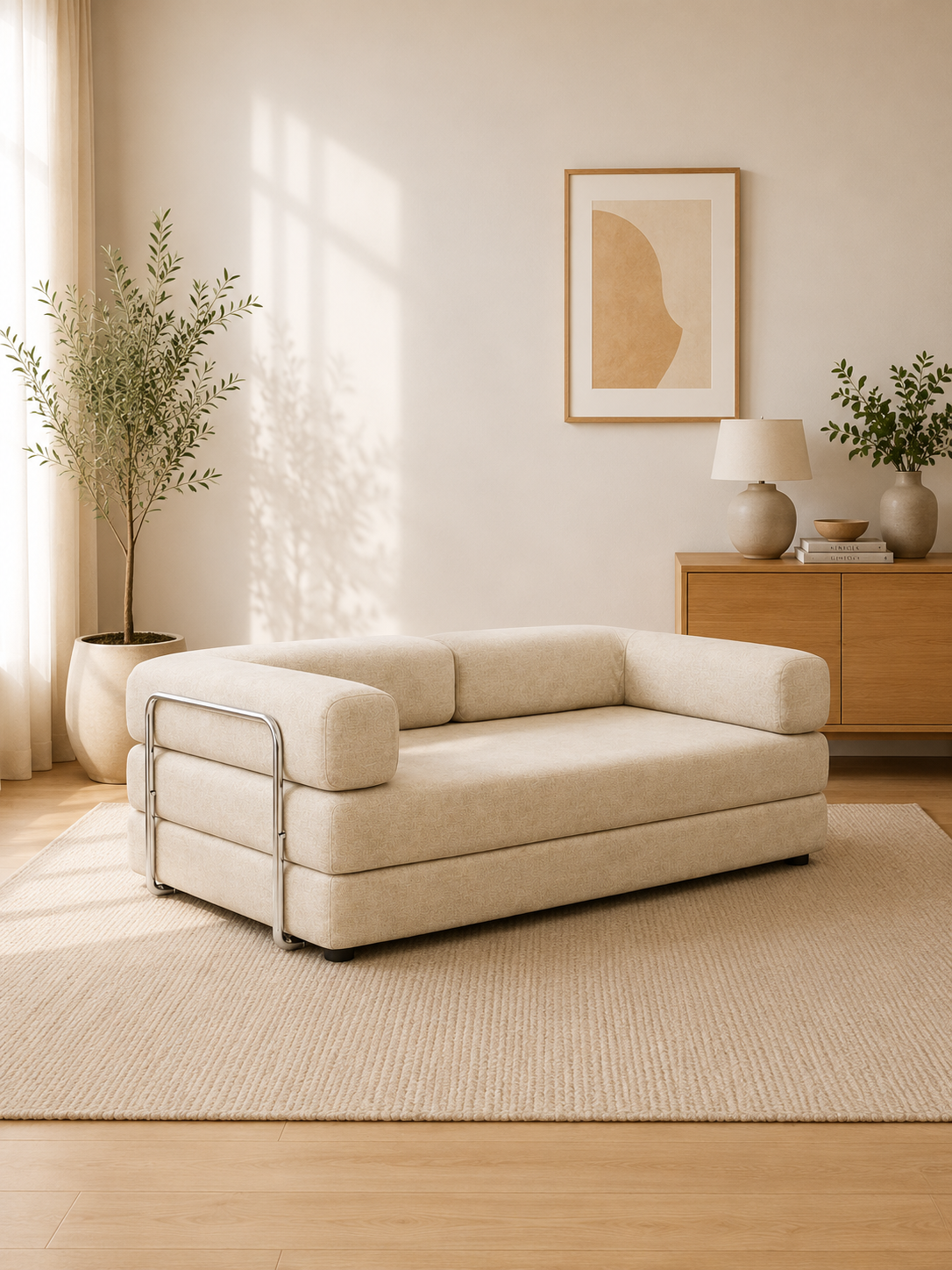 CREAM FOAM 2-Seater Convertible Sofa Bed | Compressed Foam Sofa - Beige
