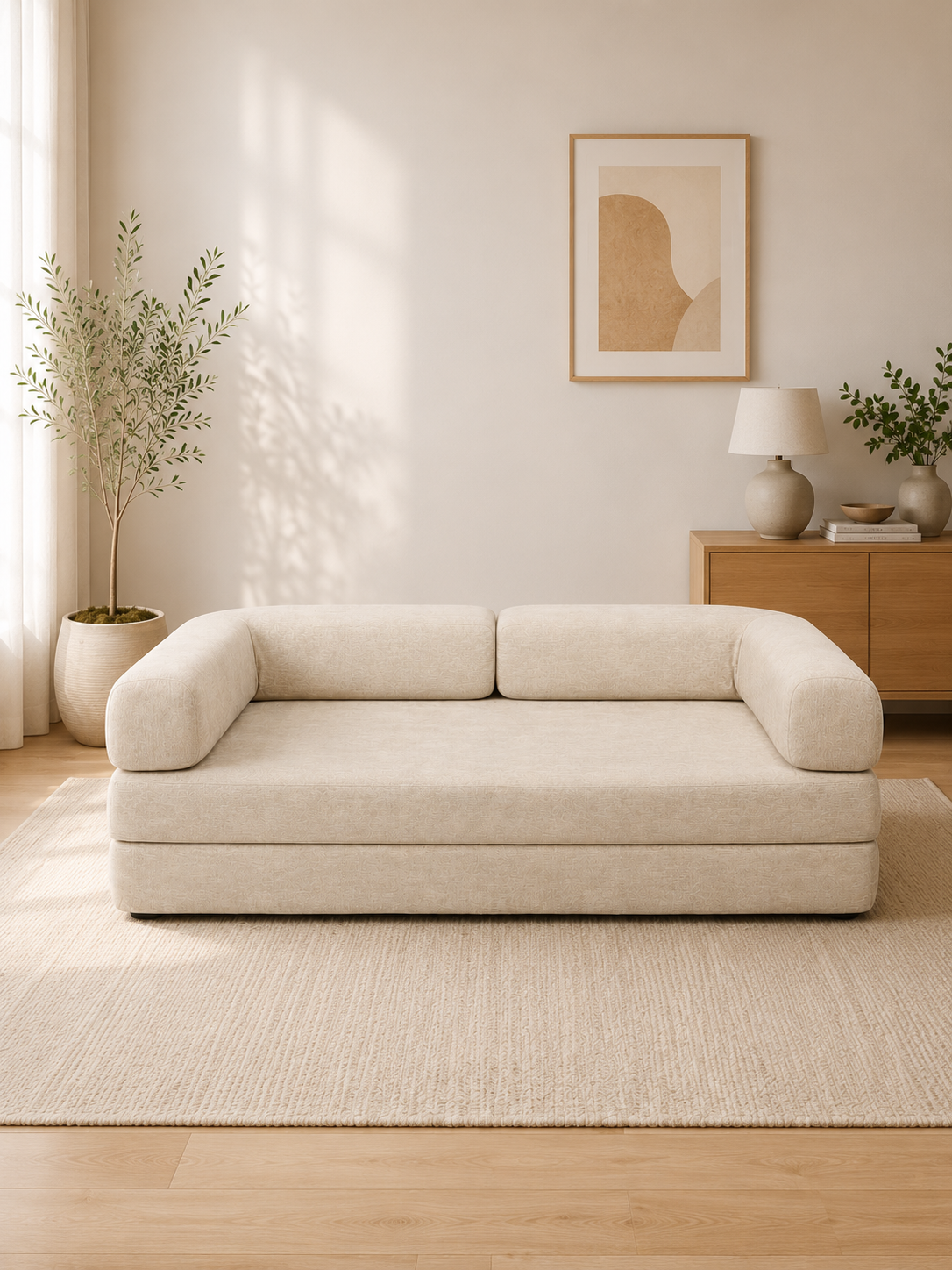 CREAM FOAM 2-Seater Convertible Sofa Bed | Compressed Foam Sofa - Beige