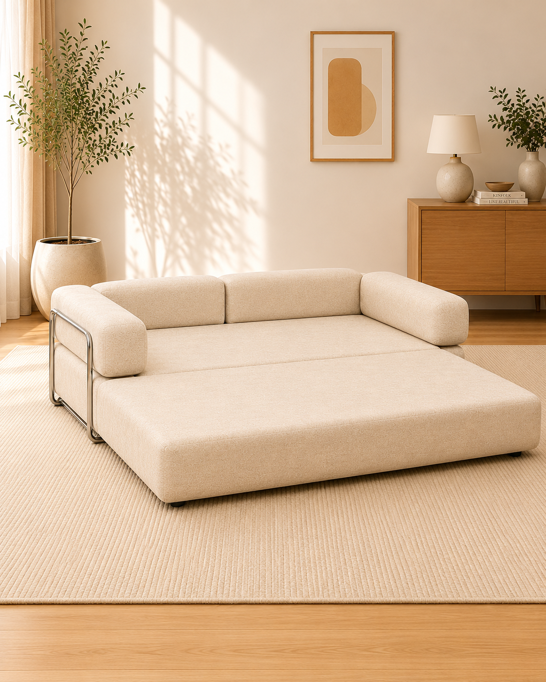 CREAM FOAM 2-Seater Convertible Sofa Bed | Compressed Foam Sofa - Beige