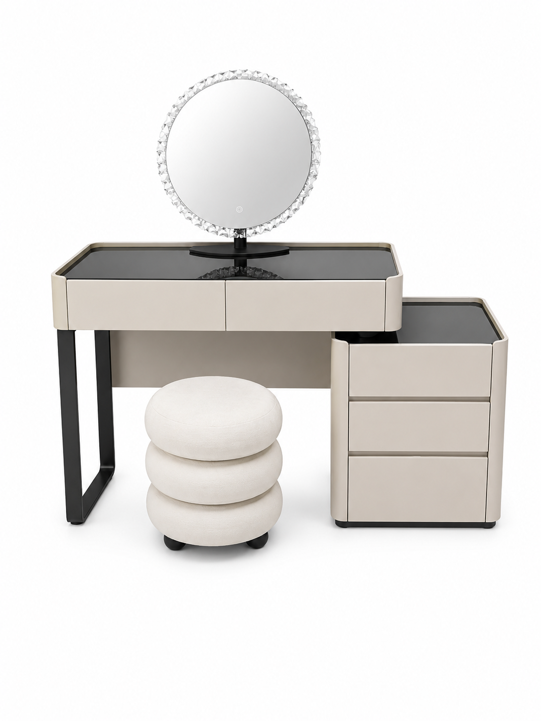 AURELIA Modern Grey Vanity Table Set with Side Cabinet, LED Mirror & Stool | 6065