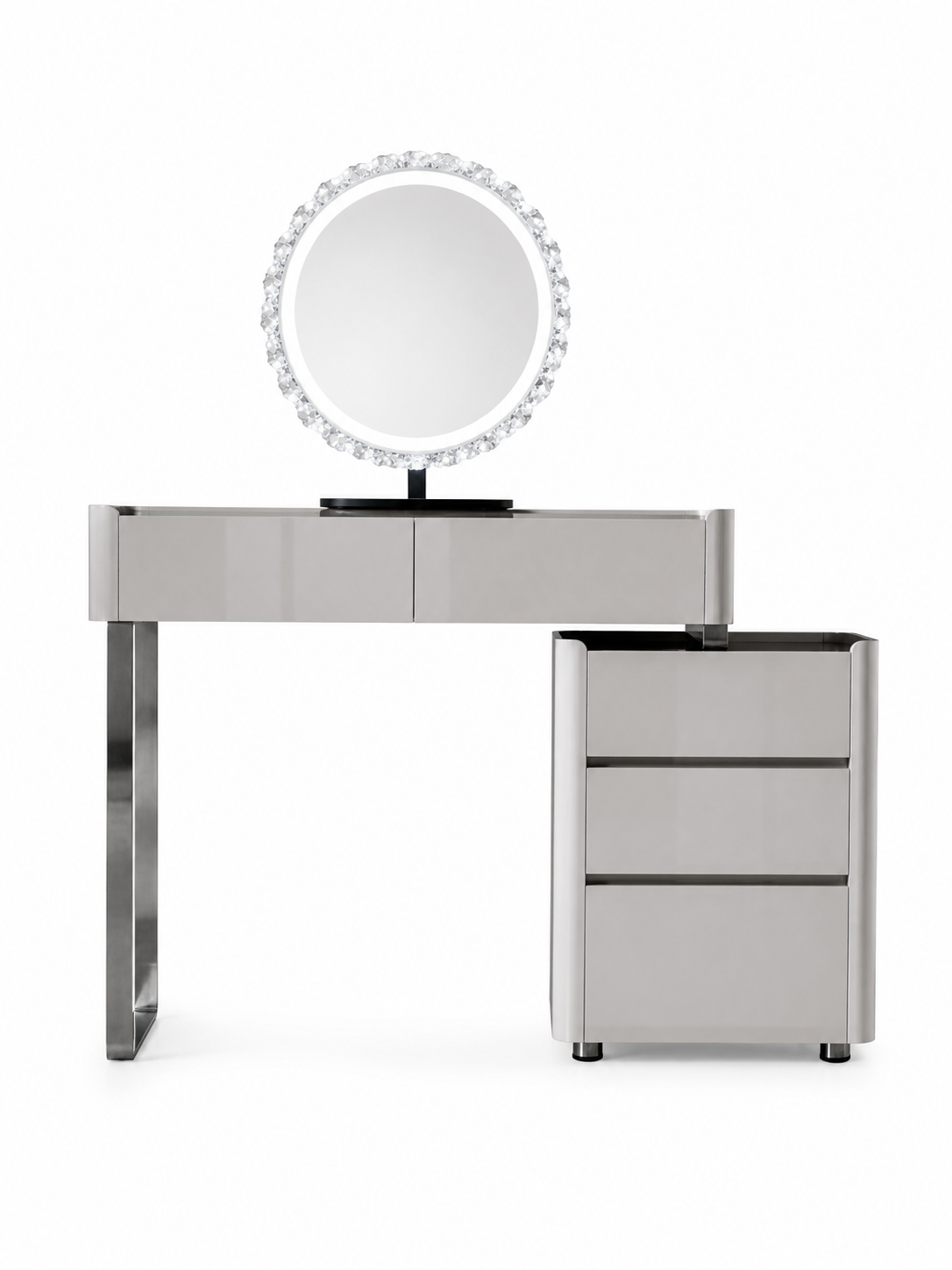 AURELIA Modern Grey Vanity Table Set with Side Cabinet, LED Mirror & Stool | 6065
