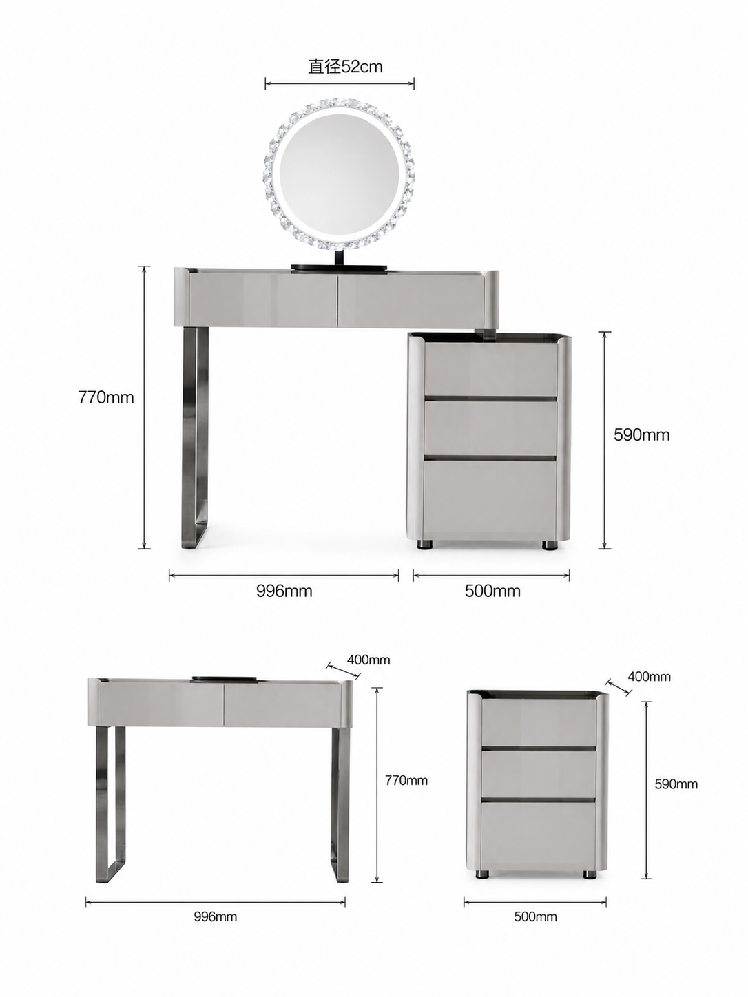 AURELIA Modern Grey Vanity Table Set with Side Cabinet, LED Mirror & Stool | 6065