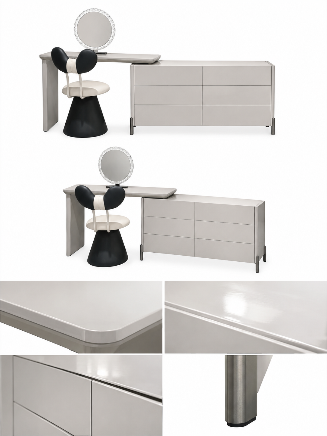 ALVORA Modern Grey Vanity Table Set with Side Cabinet, LED Mirror & Stool | 6066