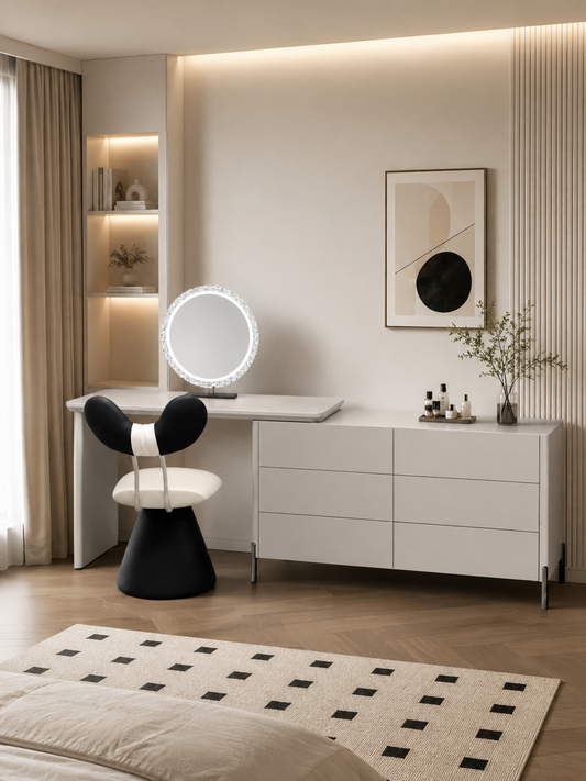 ALVORA Modern Grey Vanity Table Set with Side Cabinet, LED Mirror & Stool | 6066