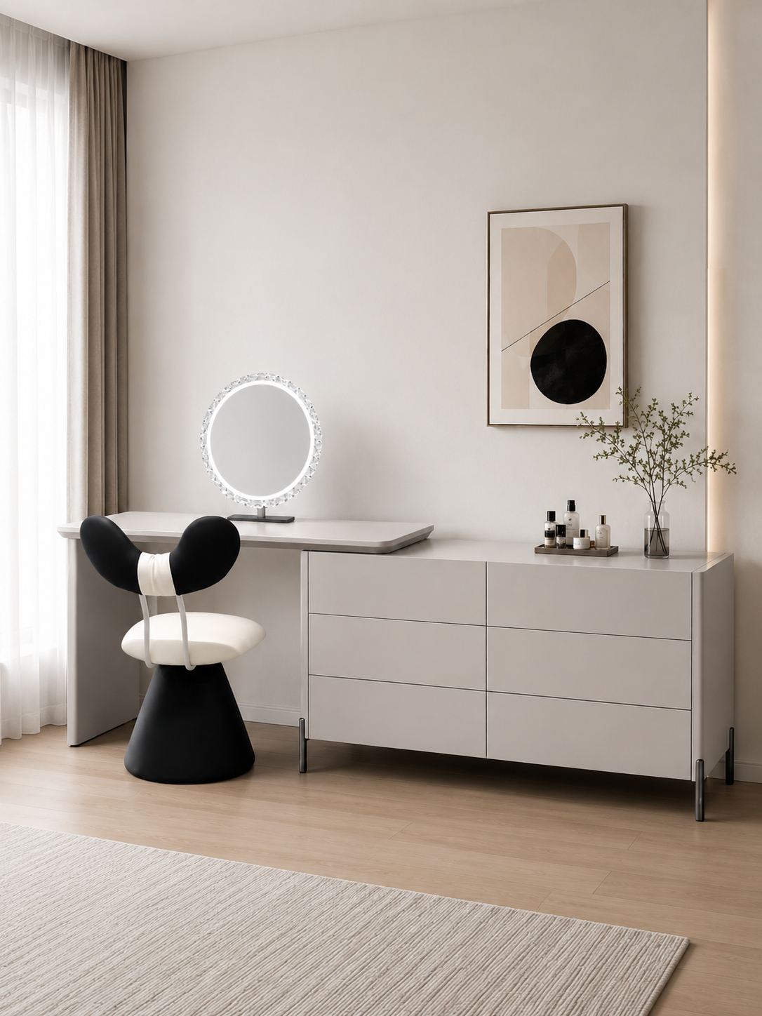 ALVORA Modern Grey Vanity Table Set with Side Cabinet, LED Mirror & Stool | 6066