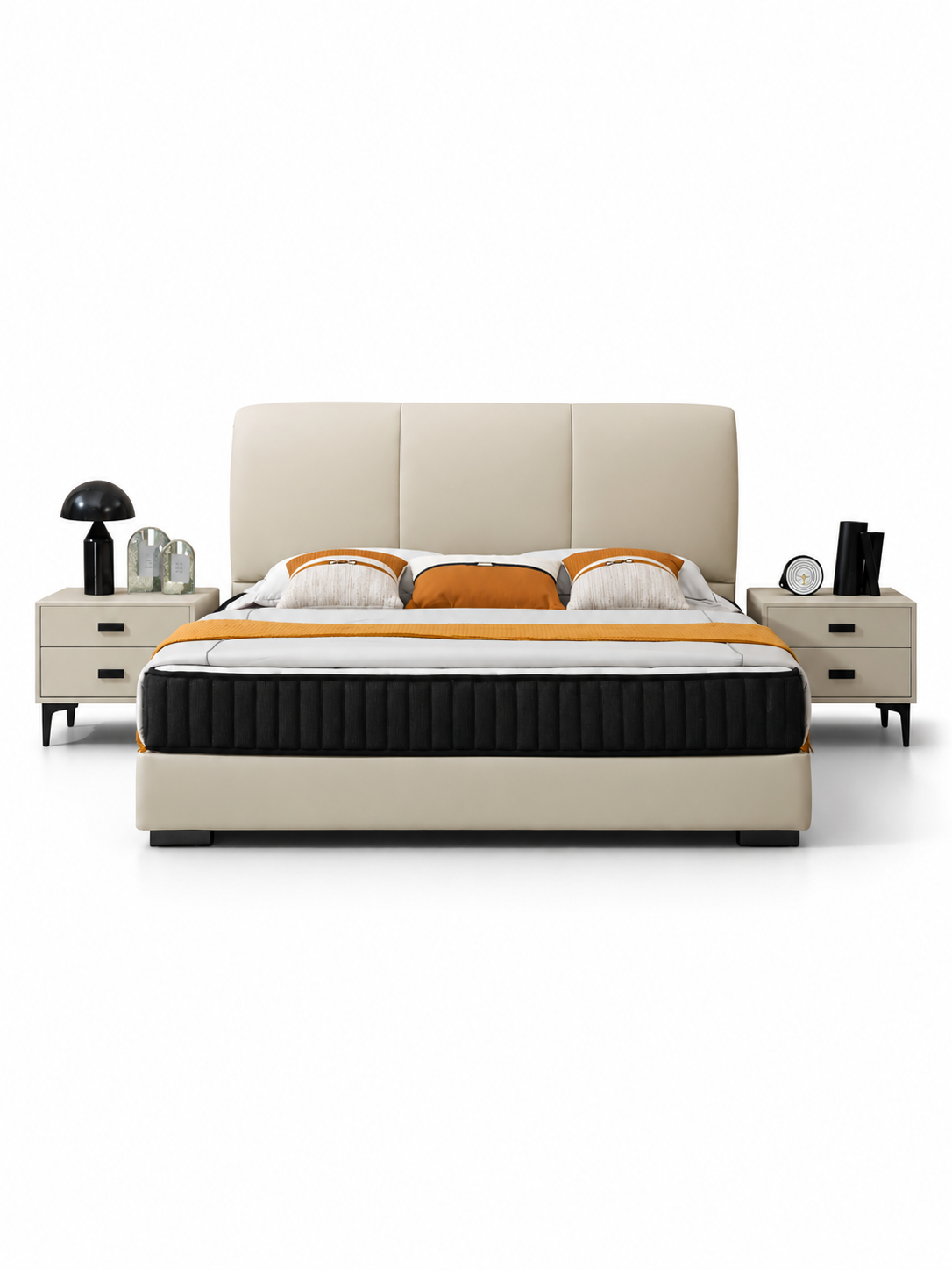【FREE 2 Bedside Tables】FIORE Genuine Leather Bed Frame with Cushioned Headboard | Integrated Slatted Base | Model 1011
