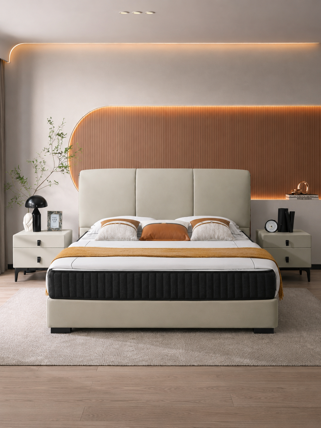 【FREE 2 Bedside Tables】FIORE Genuine Leather Bed Frame with Cushioned Headboard | Integrated Slatted Base | Model 1011