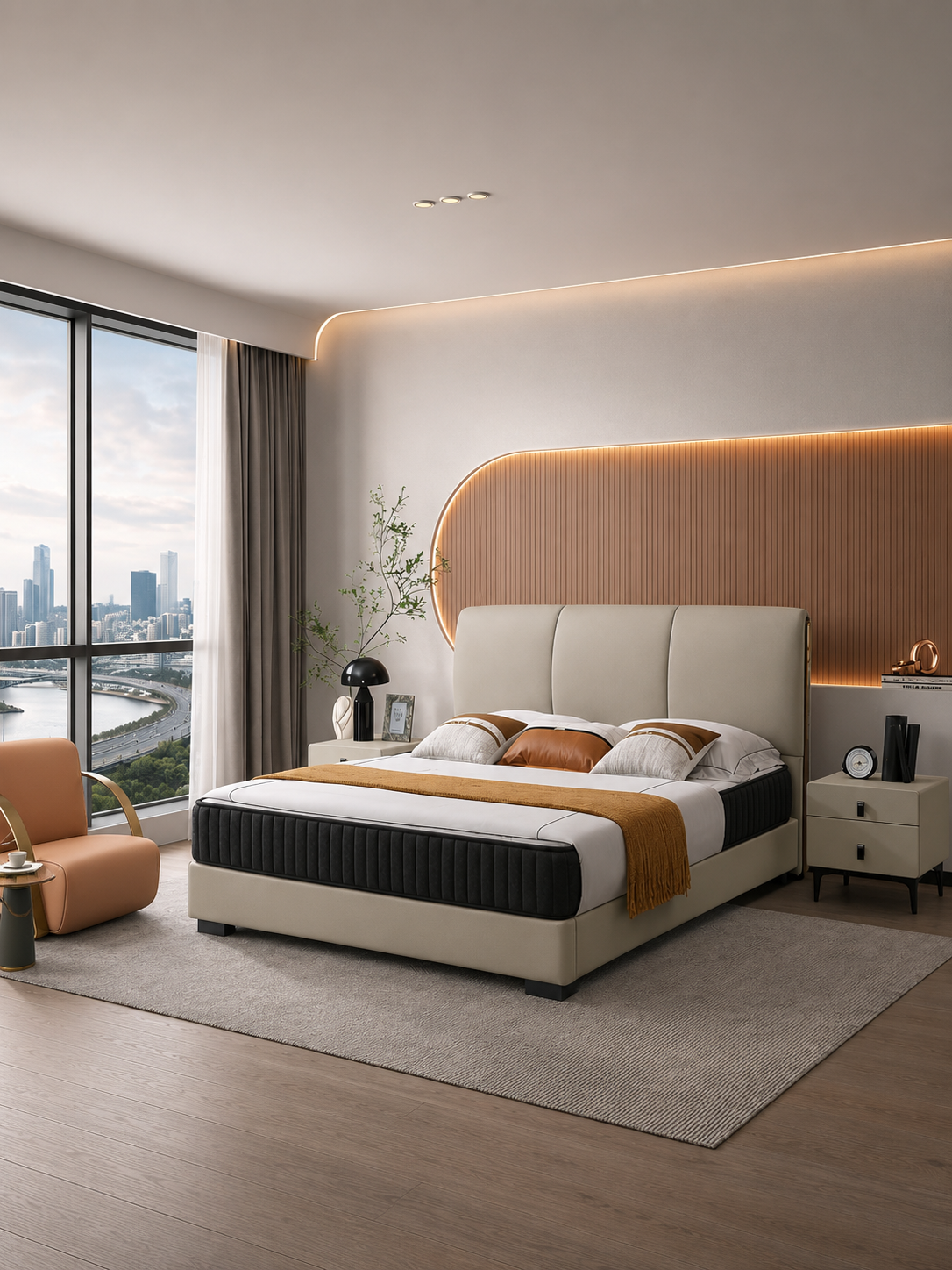 【FREE 2 Bedside Tables】FIORE Genuine Leather Bed Frame with Cushioned Headboard | Integrated Slatted Base | Model 1011