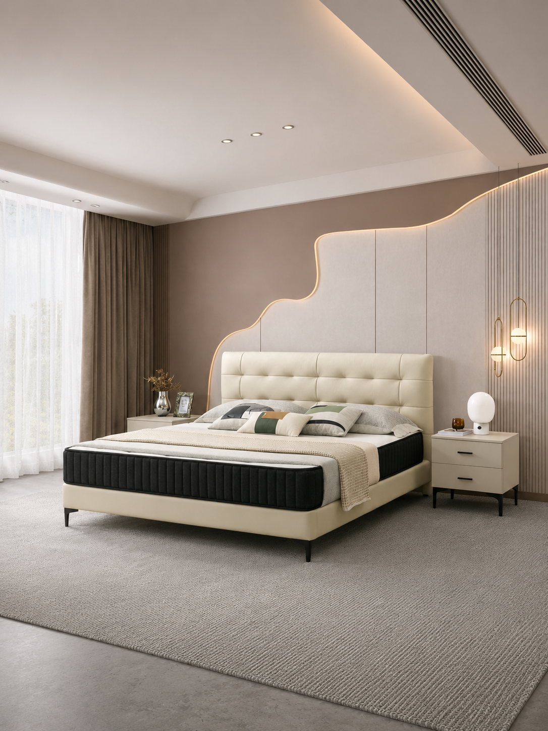 FREE 2 Bedside Tables】HAVANA Genuine Leather Tufted Bed Frame | Integrated Slatted Base | Model 1012